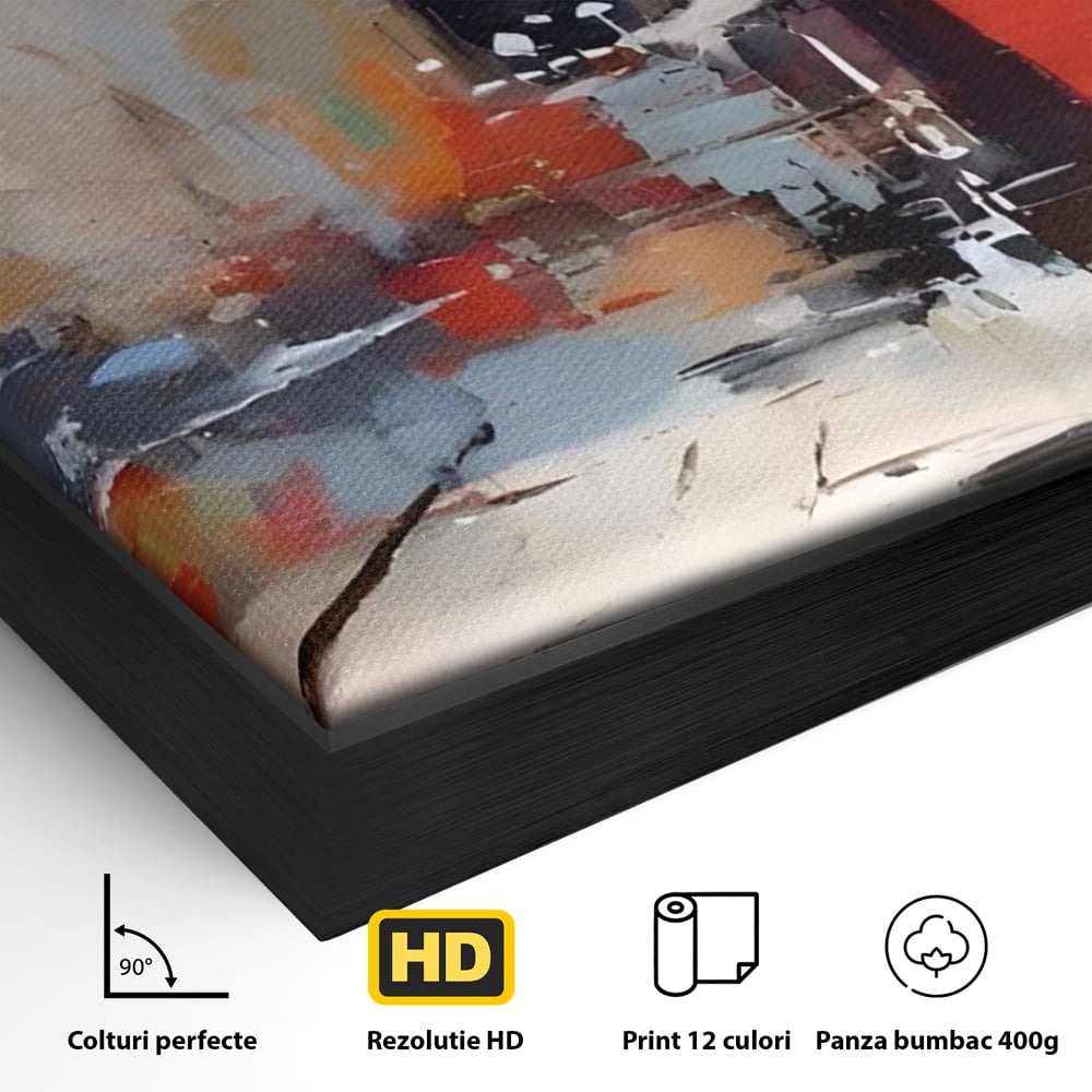 Detaliu al suprafetei: pictura abstracta cu oras si cladiri, in rama de aluminiu negru